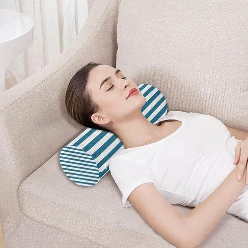 Vista 5 de Almohada redonda con funda de almohada cervical con rayas azules y blancas para el cuello, almohada cervical, soporte de cuello de espuma