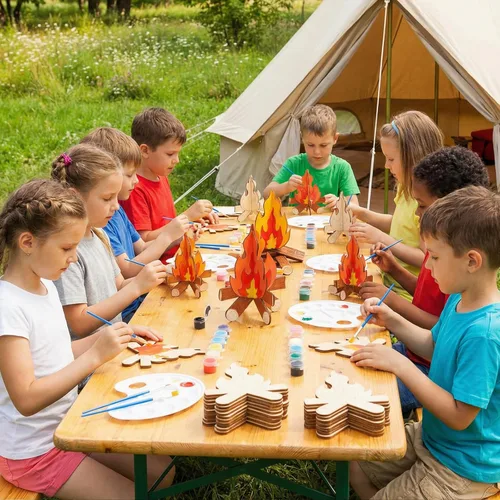 Vista 5 de DoubleFill Juego de 12 manualidades de madera para pintar rebanadas de madera sin terminar, forma de llamas, camping, manualidades, 3D, centro