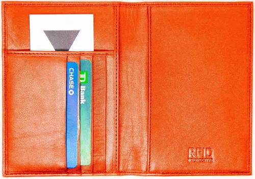 Vista 3 de Funda para pasaporte de piel de vaca genuina y cartera para hombres y mujeres, Naranja (con RFID), Cartera Rfid