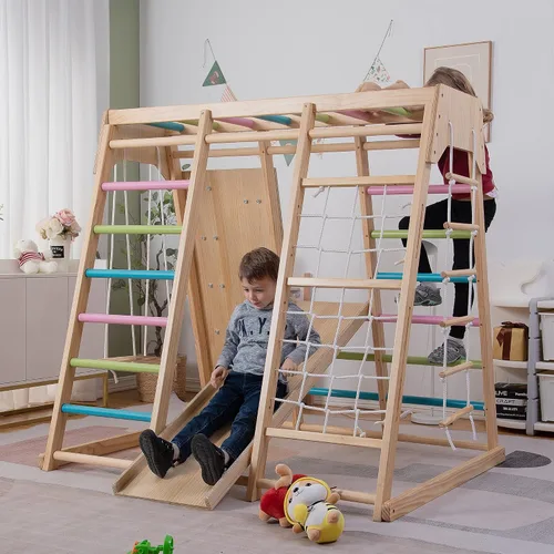 Vista 8 de Avenlur Magnolia Zona de juegos para interiores 7 en 1, gimnasio de la selva para niños de 2 a 6 años - Tobogán, pared de escalada, escalador