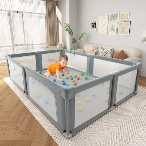Vista 7 de Corralito plegable para bebés y niños pequeños, corralito portátil de 51 pulgadas con alfombrilla y pelotas oceánicas, patio de juegos con malla