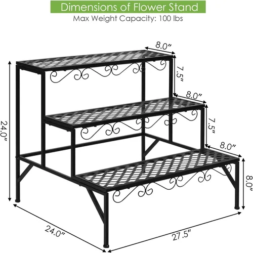 Vista 5 de Giantex Soporte de metal negro para plantas de 3 niveles, soportes de metal para plantas con 6-9 soportes de capacidad en maceta, estante
