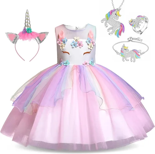 Vista 9 de Vestido de princesa unicornio, disfraz, joyas y diadema para niñas pequeñas Princesa sirena 9
