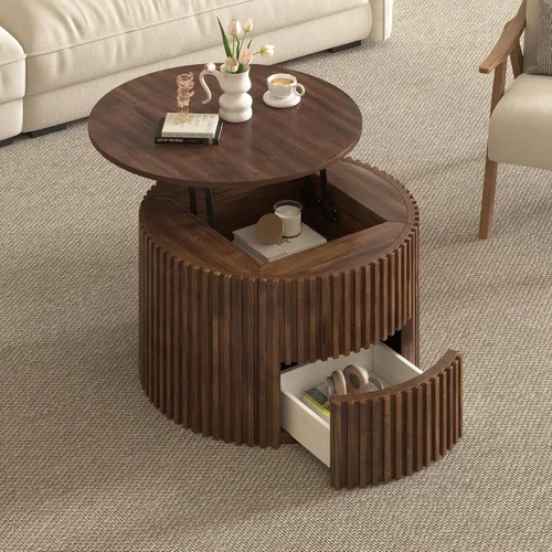 Vista 23 de Mesa auxiliar elevable con almacenamiento, moderna mesa central de 42 pulgadas con tres paneles de almacenamiento ocultos y estriados, elevación