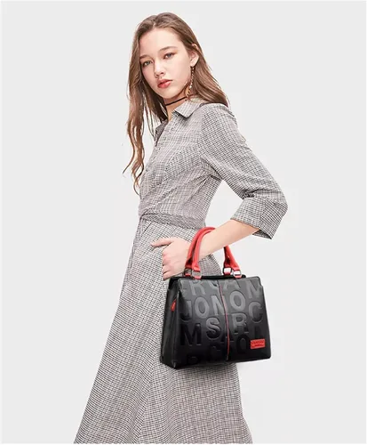 Vista 4 de Moda de cuero negro con bolsos rojos medianos para mujer bolso de hombro de lujo Tote Top Handle Satchel Monederos para damas