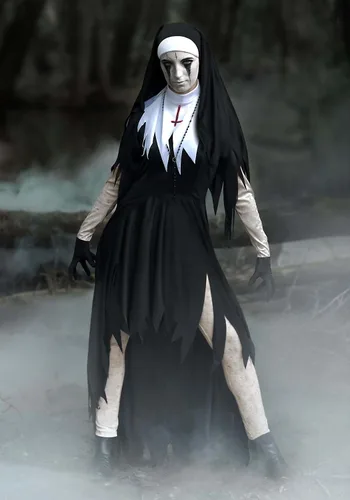 Vista 2 de Adult Dreadful Nun Costume Women's, Undead Sister Mary Catherine Costume, Black Scary Exorcist Halloween Outfit