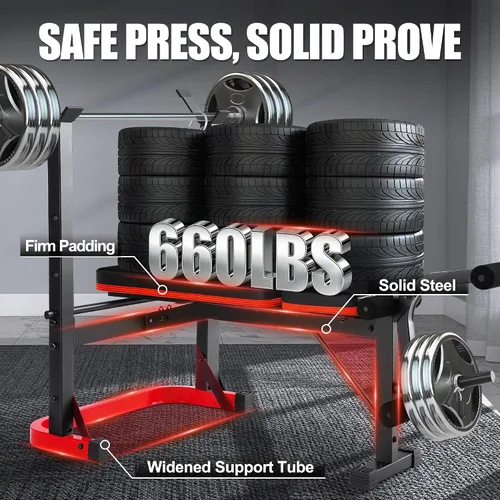 Vista 6 de OPPSDECOR Foldable Weight Bench Set with Preacher Curl Pad and Squat Rack, 660LBS Adjustable Bench Press with Leg Extension and Leg Curl, Incline
