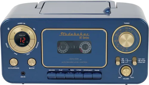 Vista 2 de Reproductor de CD estéreo portátil con Bluetooth, radio estéreo AM/FM y reproductor/grabador de casete (color azul)