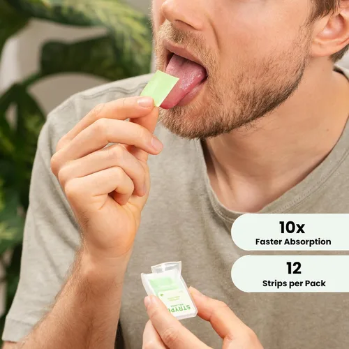 Vista 5 de Tiras de Energía Cafeína Instantánea en una Tira 80mg por Porción Cafeína Portátil + Mentas para el Aliento Cero Calorías y Cero Azúcar