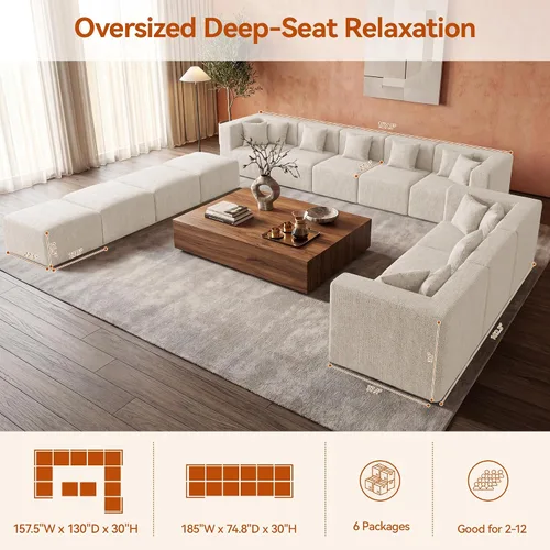 Vista 3 de MONVANE Sofá modular modular, sofá convertible en forma de U de 12 asientos de gran tamaño con otomana, cómodo sofá nube de felpilla con asiento