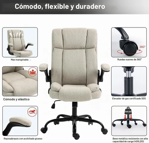 Vista 5 de Silla ejecutiva ergonómica con respaldo alto de tela, brazos Beige