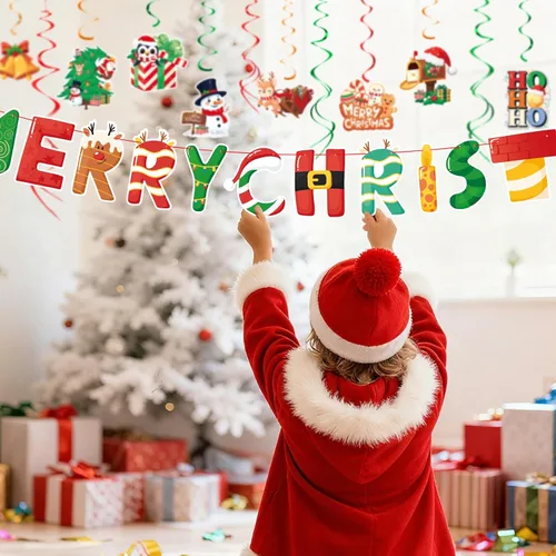 Vista 5 de Juego de decoración navideña: pancarta y remolinos colgantes, para el hogar, oficina, aula, decoración de fiesta de Navidad en interiores