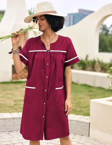 Vista 2 de Ekouaer Ropa de dormir para mujer, camisón frontal a presión, bata de algodón, manga corta, vestido de casa