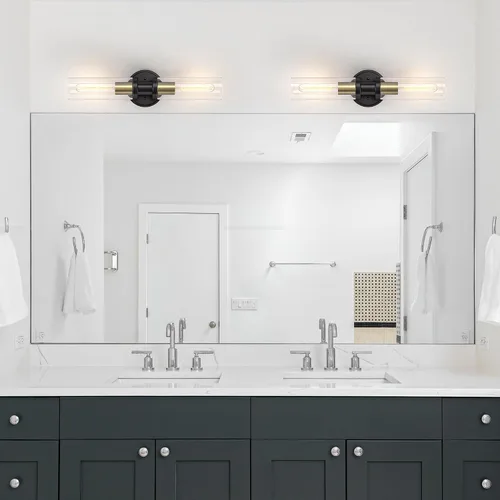 Vista 5 de Lámparas de baño de 2 luces negras y doradas, luces de tocador de baño sobre espejo, apliques de pared, iluminación industrial, accesorios