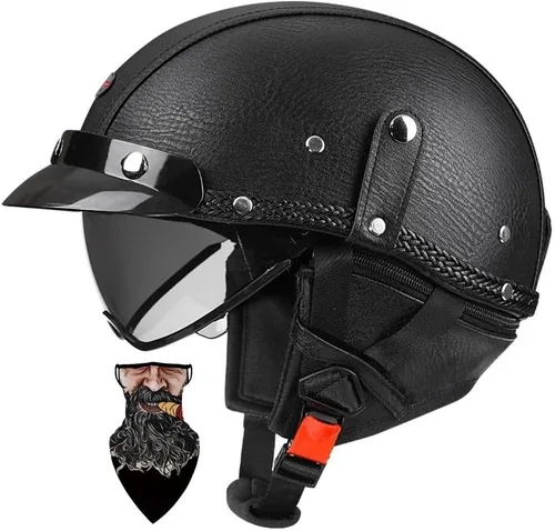 Vista 16 de Casco Moto Retro Jet Vintage DOT Homologado para adultos, hombres y mujeres, forro transpirable desmontable, Visera Retráctil PC y hebilla rápida