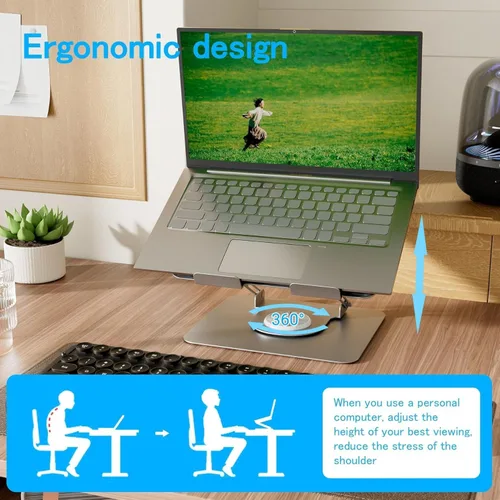 Vista 2 de Soporte ajustable para computadora de escritorio, soporte portátil para laptop con base giratoria de 360°, elevador ergonómico plegable para laptop
