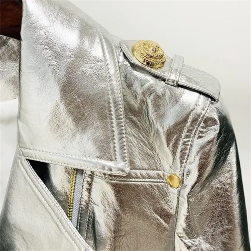Vista 4 de Chaqueta de cuero plateado de metal para mujer, con cremallera, ropa de abrigo para moto