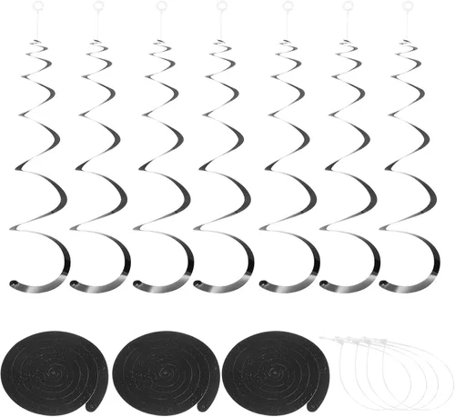 Vista 16 de MECCANIXITY 30 remolinos colgantes de fiesta negros de una sola tira para colgar decoraciones de 27.6 pulgadas, serpentinas colgantes de plástico