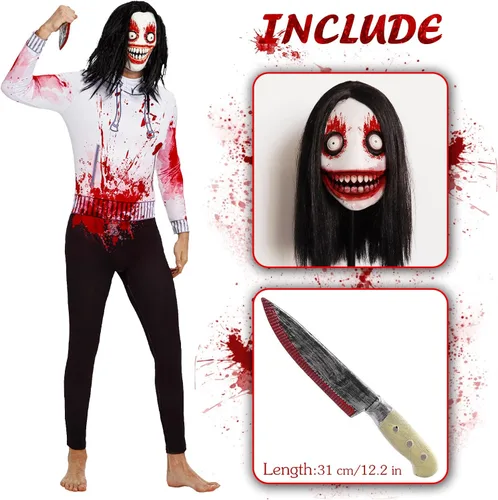 Vista 3 de Disfraz de Jeff el asesino, disfraces de Halloween aterradores para hombres y mujeres, incluye máscara de Jeff el asesino, cuchillo sangriento