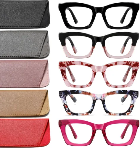 Vista 7 de Hubeye 5 Pairs Fashion Style Square Reading Glasses for Women Men Blue Light Blocking Computer Readers with leather case