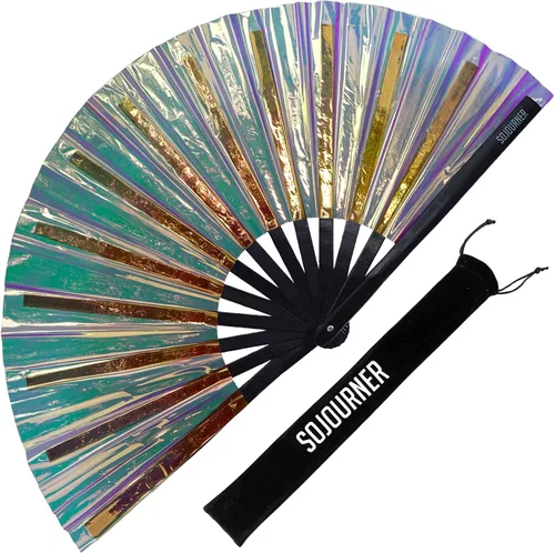 Vista 15 de SoJourner Bags Rave Fan – Abanico plegable grande – Abanico de mano Clack para raves, Halloween, Burlesque, atuendos arcoíris para mujeres