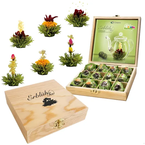 Vista 14 de Creano Abloom Tea - Set de regalo floreciente en caja de madera, 12 piezas en 3 variaciones, negro
