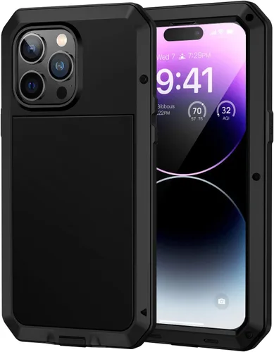 Vista 9 de Lanhiem Funda de metal para iPhone 14, resistente a los golpes, con protector de pantalla de vidrio integrado, 360º cuerpo completo a prueba de Negro
