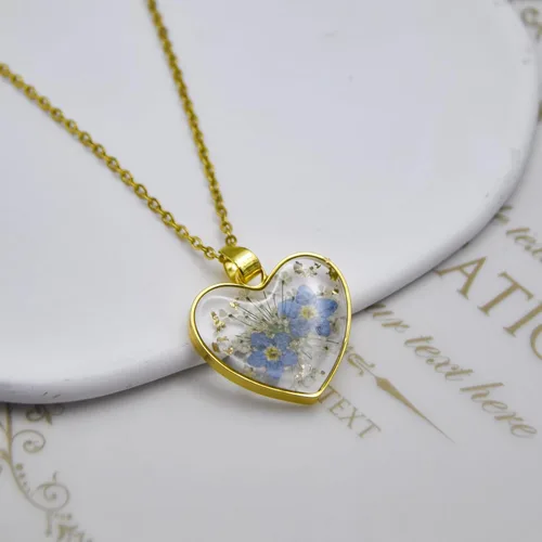 Vista 81 de Collar de flores silvestres prensadas con encaje de Forget-Me-Not y Queen Anne Collar de flores prensadas de oro Collares hechos a mano