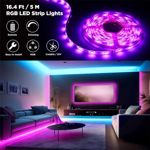 Vista 2 de Tira de luces LED, tira de luz RGB de 16.4 pies con control remoto y fuente de alimentación, revestimiento de poliuretano, adaptador ETL de 12 V CC