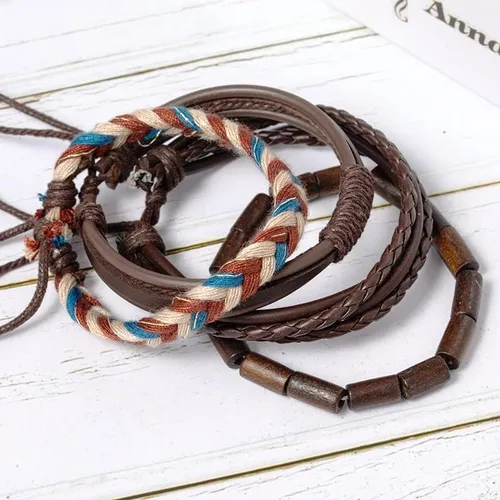 Vista 7 de FIRAZIO Juego de 35 pulseras de cuero trenzado para hombres y mujeres, pulseras de cuentas de madera, cuerdas de cáñamo, étnicas tribales hechas a