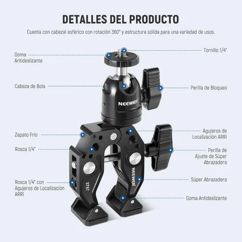 Vista 6 de NEEWER Super Clamp con Brazo Mágico de Cabeza Esférica Doble de 3", Zapata Fría, Roscas de 1/4", Adaptador de Montaje para Cámara de Teléfono/Acción