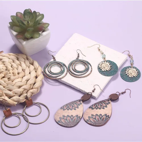 Vista 5 de 10 pares de aretes colgantes vintage para mujer, juego de joyas bohemias, diseño geométrico de girasol, aretes de lágrima, regalos de Navidad