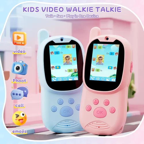 Vista 2 de Walkie Talkies de video para niños con cámara y video chat, largo alcance 1000 pies, recargable, Walkie Talkie para niños con filtros de calcomanías