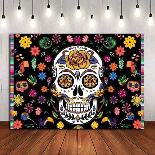 Vista 3 de Fondo de fotografía para fiesta mexicana, carnaval, festival, fotografía, suministros de cabina de fotos, vinilo de 7 x 5 pies, Día de los Muertos