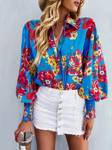 Vista 2 de Camisa estampada elástica para mujer, con estampado floral, de manga larga, con botones, para mujer