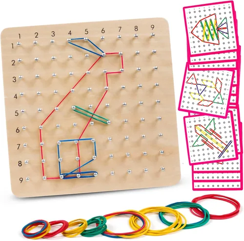 Vista 9 de Tablero geométrico de madera para niños - Juguete educativo Montessori STEM con tarjetas de patrones y bandas de goma, rompecabezas de formas