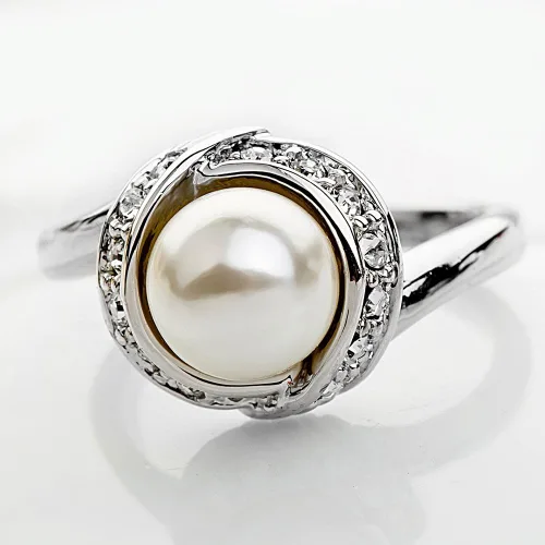 Vista 2 de Acefeel Anillos de perlas de cóctel de moda para mujer, anillo de declaración de joyería R103, Oro blanco Aleación de cobre, Perla sintética