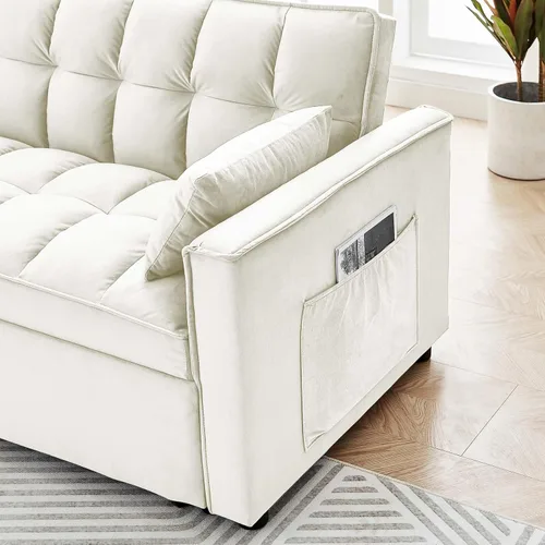 Vista 4 de Sofá cama convertible 3 en 1, sofá biplaza moderno de terciopelo con almohadas y bolsillos laterales, sofá extraíble de 2 plazas para espacios Crema