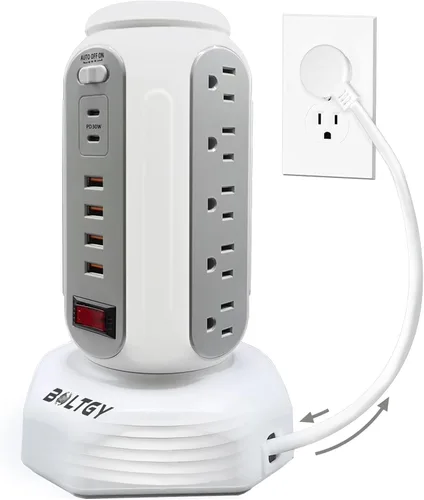 Vista 8 de Estación de carga rápida total de enchufe plano, protector con 15 salidas de CA y 6 puertos USB (2 de carga rápida), regleta de alimentación