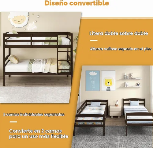 Vista 6 de KOMFOTT - Litera con tamaño doble sobre dos individuales, estructura de litera de madera con barandilla de longitud completa y escalera integrada