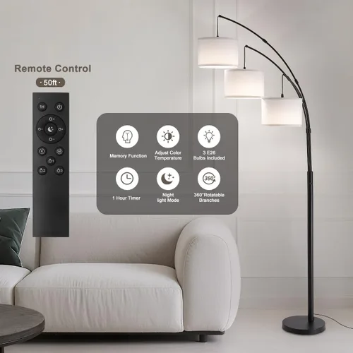 Vista 3 de Lámpara de pie con control remoto, lámparas de pie de arco de 3 luces para sala de estar, lámparas de pie altas de 2400 lm con pantallas blancas