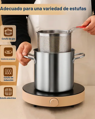 Vista 4 de Freidora de acero inoxidable de 3.2 cuartos de galón con cesta y tapa, sartén profunda multifuncional con colador para cocinar en casa