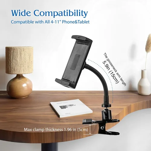 Vista 3 de ROCKFREE Soporte para tablet con clip con brazo de cuello de cisne resistente, soporte de abrazadera de iPad ajustable de 360° para escritorio