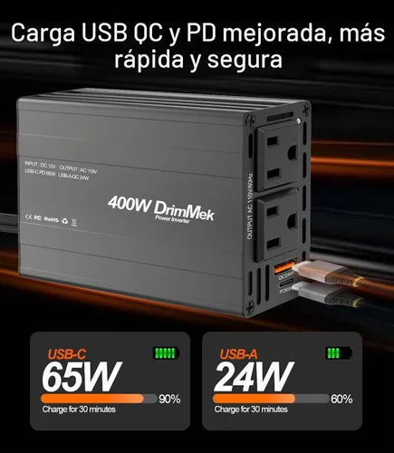 Vista 3 de 400 W Inversor de corriente para automóvil - Adaptador de enchufe de toma doble CC 12 V a 110 V CA, puerto USB C de carga rápida 65 W y 24 W Negro