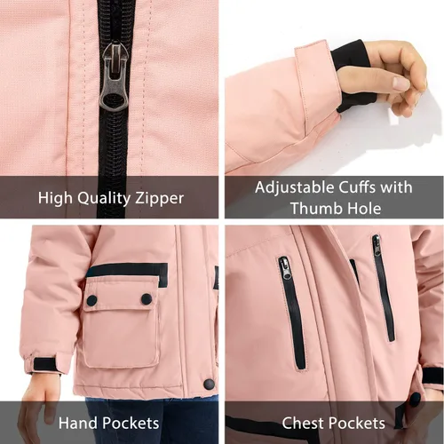Vista 6 de FARVALUE Chaqueta de esquí impermeable para niñas, abrigo de invierno resistente al viento, abrigo de forro polar cálido para nieve, impermeables