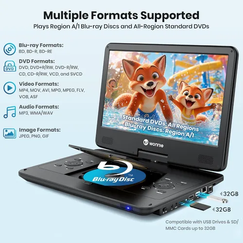 Vista 3 de WONNIE Reproductor Blu Ray portátil de 16.9 pulgadas con pantalla giratoria grande Full HD de 14.1 pulgadas 1080P, reproductor de DVD Blu-ray