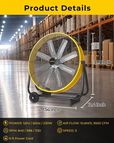 Vista 4 de VENTISOL Ventilador de tambor de alta velocidad de 24 pulgadas, ventiladores industriales de 9500 CFM resistente, ventilador de tienda de 3
