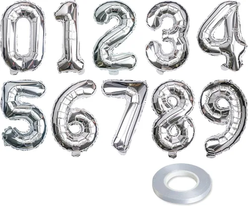 Vista 6 de [10] Globos de papel de aluminio azul de 16 pulgadas, juego del 0 al 9, números colgantes de aluminio Mylar para graduación, cumpleaños, fiestas