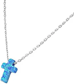 Vista 2 de My Daily Styles Collar con colgante de plata de ley 925 para mujer, diseño religioso de cruz latina, ópalo azul y turquesa, Plata esterlina, Ópalo