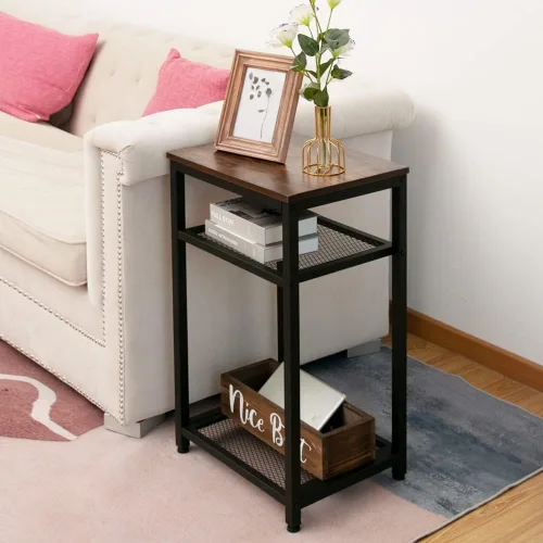 Vista 4 de Mesa auxiliar con estantes de malla de 2 niveles, estantes abiertos, mesa auxiliar pequeña, mesita de noche con aspecto de madera industrial
